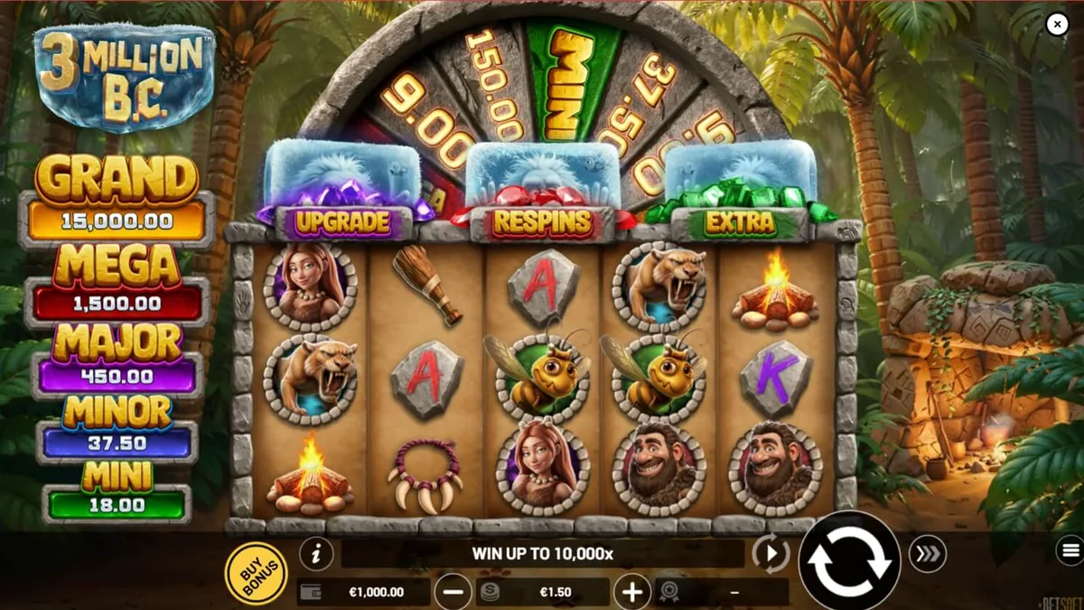 Interface do jogo de slot 3 Million B.C. com temática pré-histórica